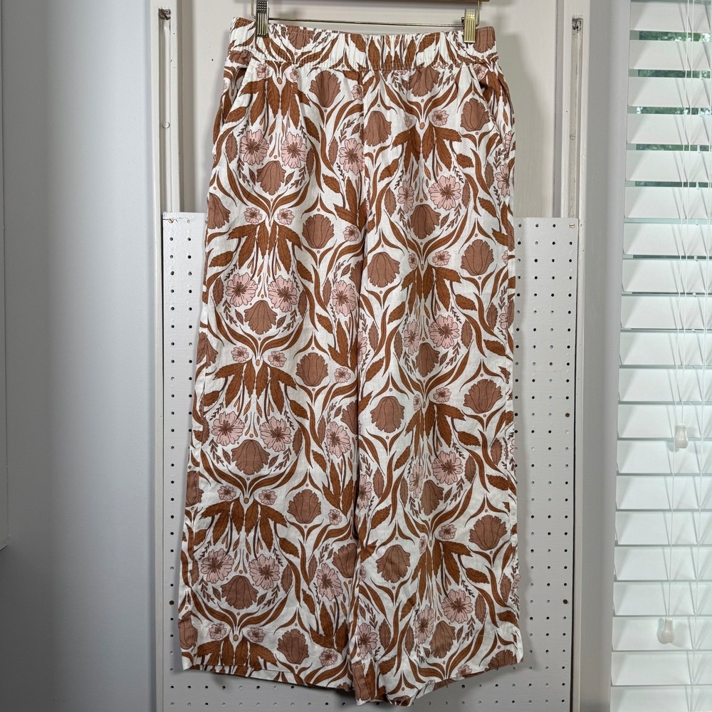 Rachel Zoe Wide Leg Pants Brown Pink Floral Linen Elastic Waist Classic - Medium
